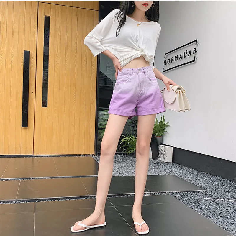 

Summer 2021 New High Waist Wide Leg Denim Shorts For Women Double Buttons Crimping Casual Women Loose Jean Shorts Purple