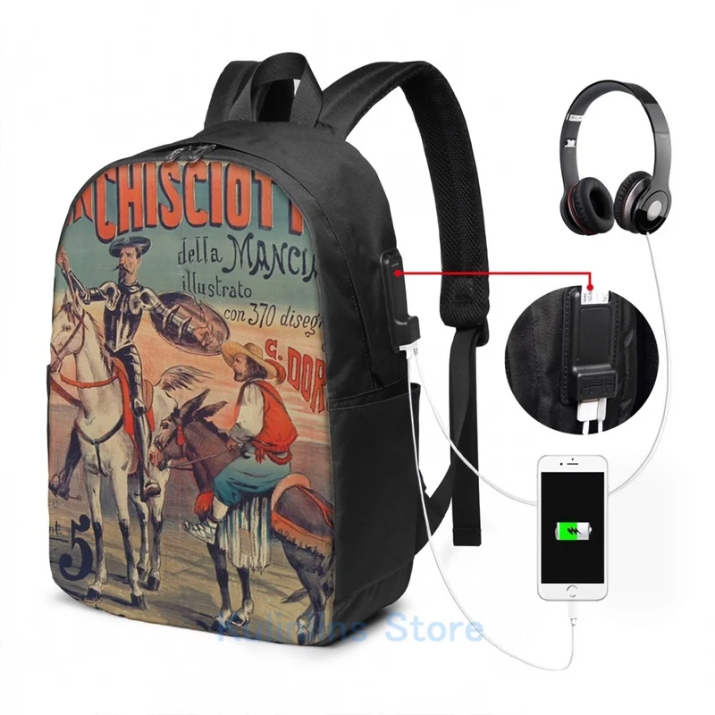 Смешная графическая печать обложки книги Don Quixote Sancho Panza USB-зарядный рюкзак для мужчин, школьных сумок для женщин, путешественников и ноутбуков.