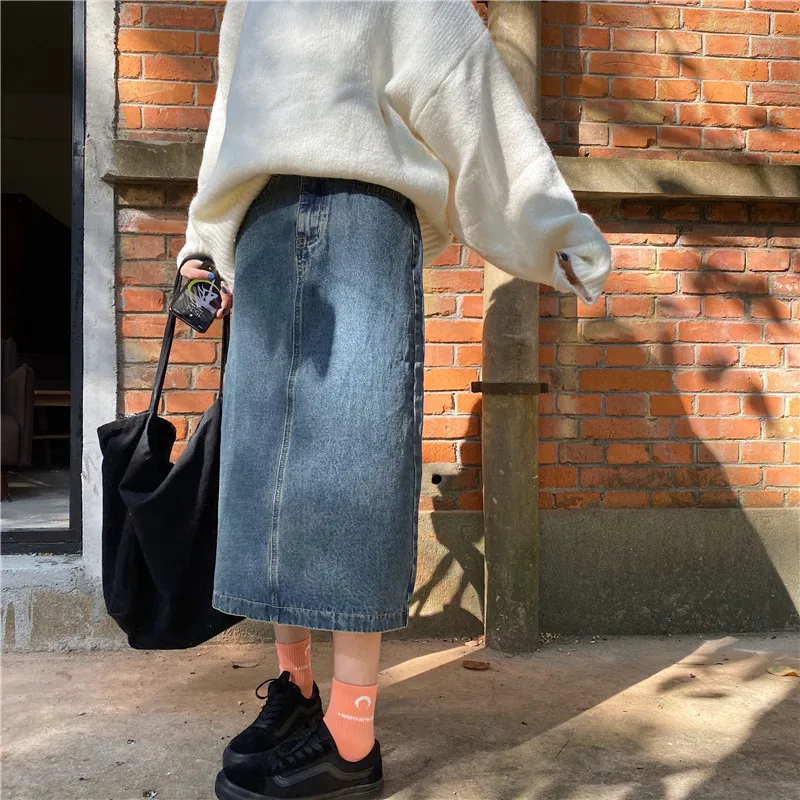 Одношаговая джинсовая юбка с разрезом Женская длинная высокой талией синяя в