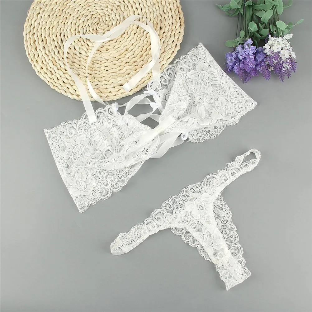 

Erotic Lingerie Corset Hot Plus Size Sexy White Lace Bow Strap Thong Bikini Lacing Women Sexy Underwear Set