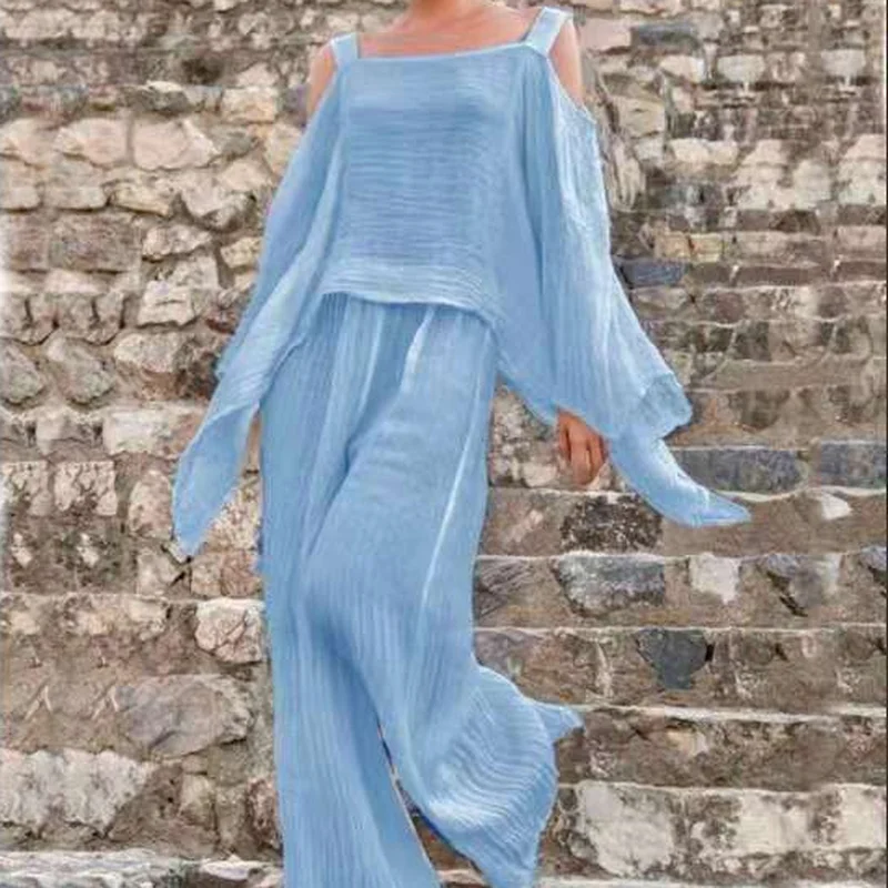 

Two-piece Cotton Temperament Pleated Solid Color Casual Fashion Long-sleeved Suspender Top + Wide-leg Trousers Women Pants