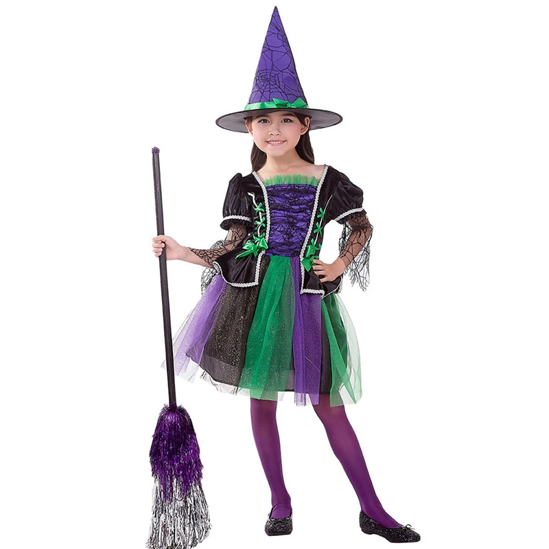 Новые детские модели Маскарадного костюма комплект фиолетовой ведьмы для