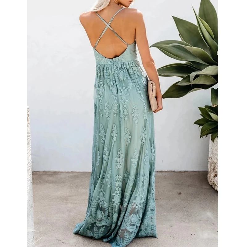

WEPBEL Dress Summer Casual V-neck Spaghetti Strap Backless Dress Women's Sexy Lace Stitching Ruffle High Waist Dress