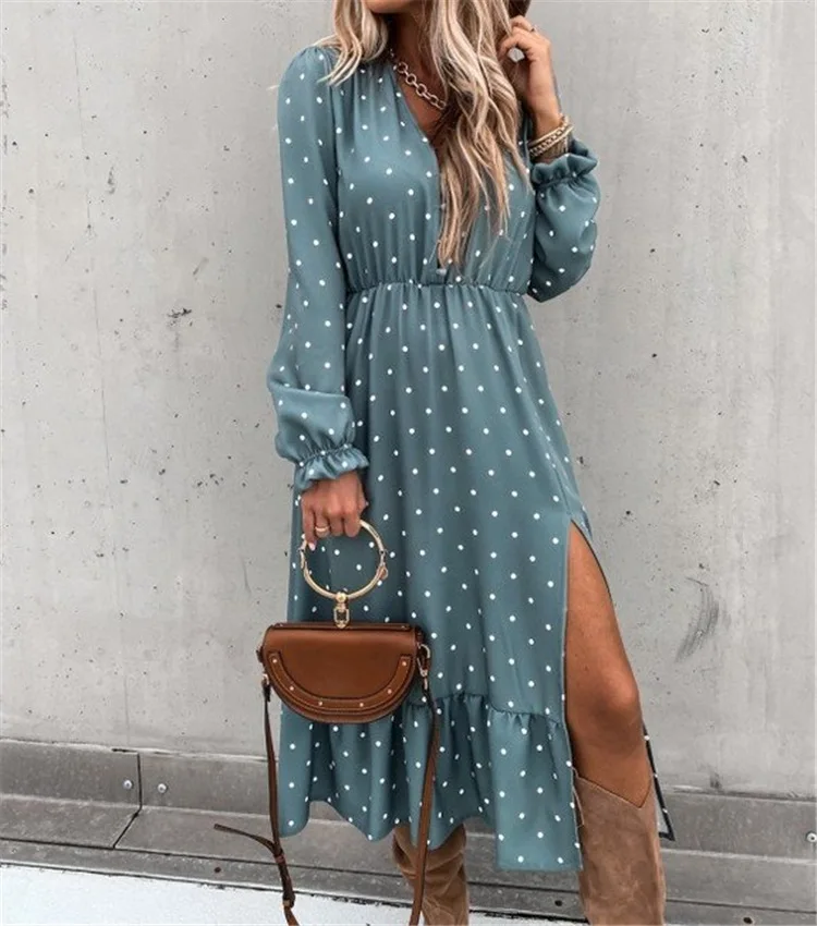 

autumn and winter new V-neck ear buckle polka dot su zhe printed long-sleeved dress white