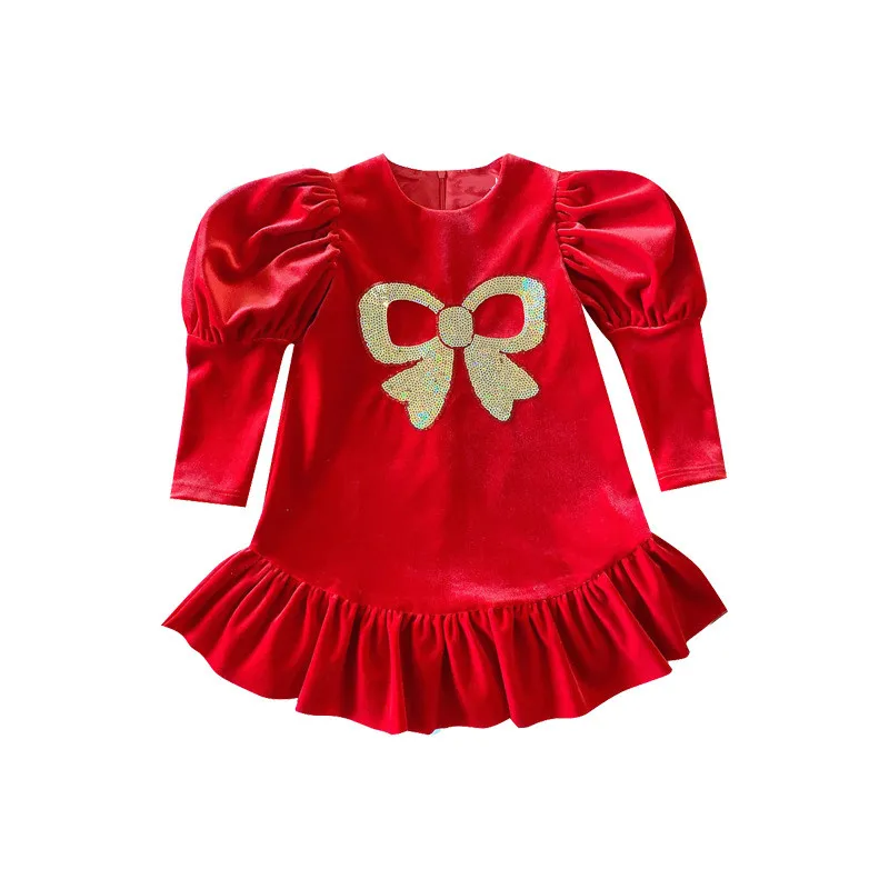 

2020 Autumn and Winter Korean Cute Christmas Dress Girls Princess Sleeve Dress Velvet Baby Ruffle Dress