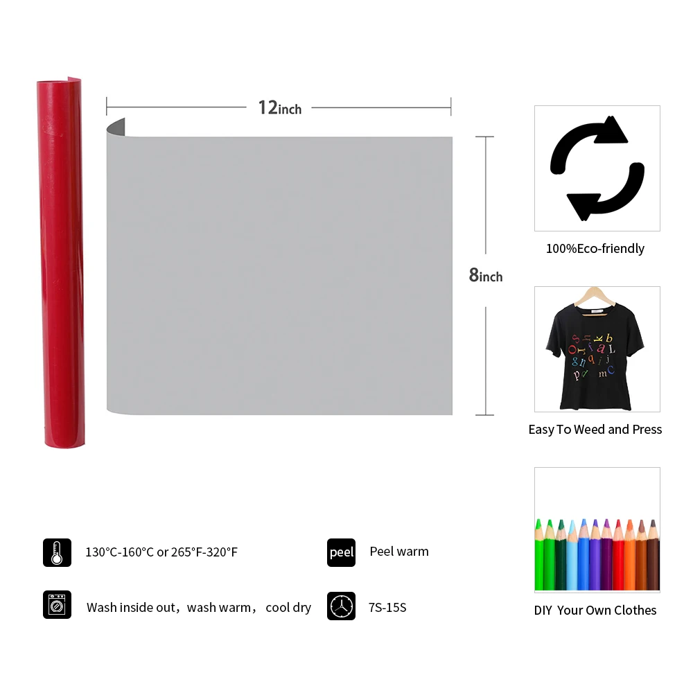 

HOHOFILM 8pcs/pack Heat Transfer Vinyl Multi-color Press Foil Iron On HTV Vinyl Roll for DIY T-Shirts or Fabrics A4 sample