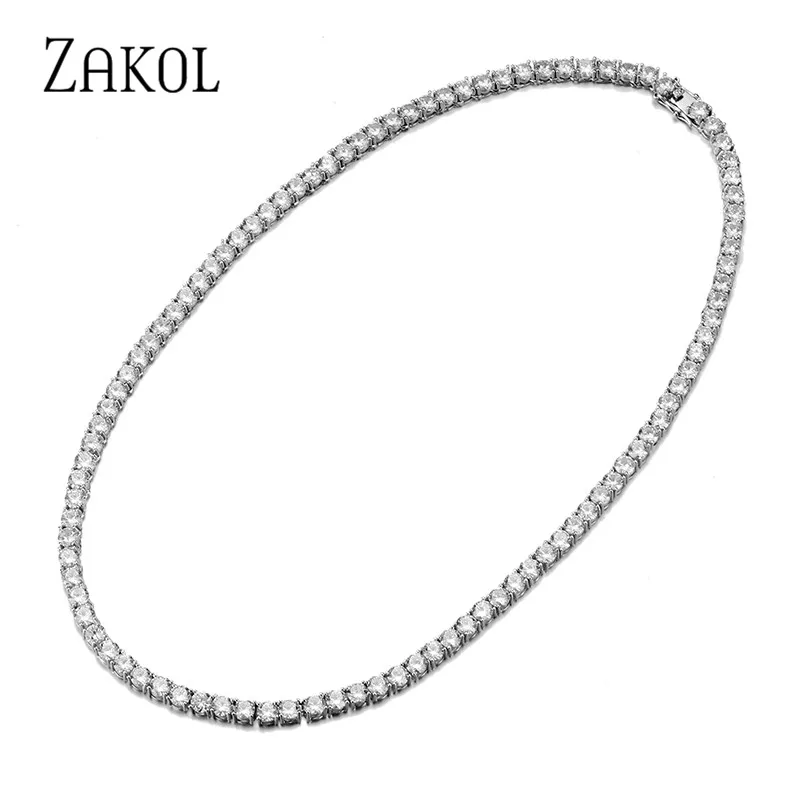 ZAKOL, новинка, Трендовое ожерелье 3 мм, 4 мм, круглая огранка, кубический цирконий, теннисное ожерелье, высокое качество, CZ коробка, застежка, ожерелье для женщин и мужчин, ювелирные изделия, FSNP2070