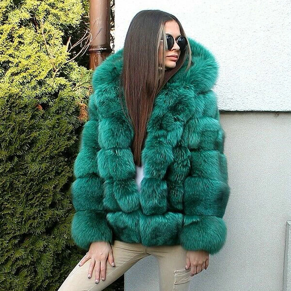 Green Natural Fox Fur Jacket for Women Winter Outwear 2022 New Real Fox Fur Coats with Hood Thick Warm Fur Overcoats Fashion enlarge