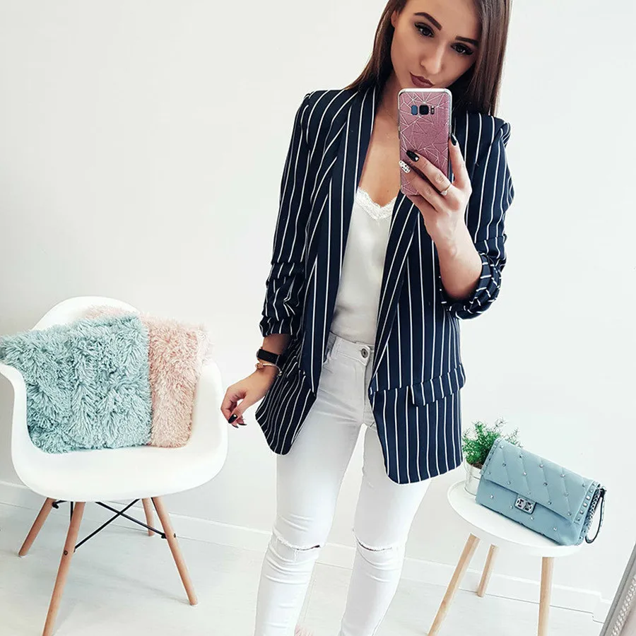 Женский Повседневный Топ с полосатым принтом простой блейзер карманами и