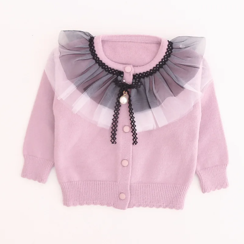 Свитер для девочек пальто Осень зима 2021 Детский кардиган с кружевным воротником
