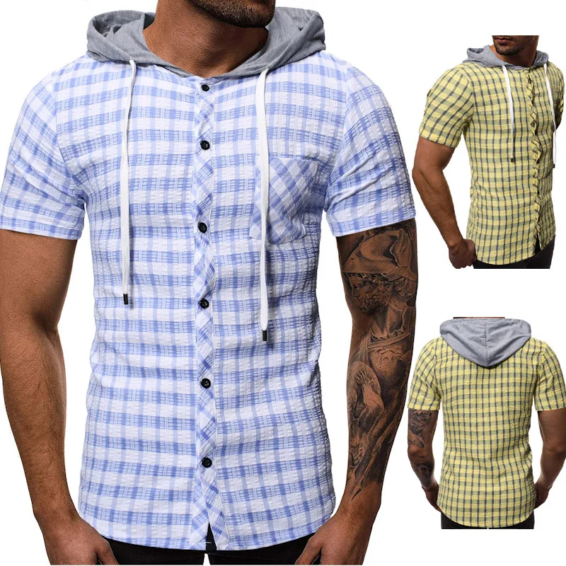 

Latest Design Fashion Plus size Men Slim Fit Plaid Short Sleeve Hooded Shirt