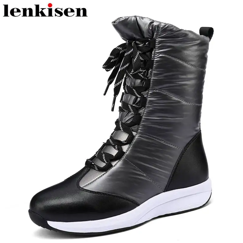 

Новинка 2022, зимние ботинки Lenkisen из коровьей спилковой кожи, зимние ботинки с круглым носком на толстой подошве, ботильоны с перекрестной шну...