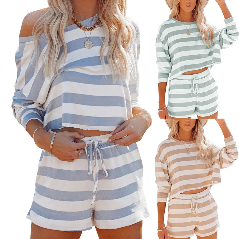 

2 Piece Women Long Sleeve Shorts Striped Sweater Matching Set Casual Two-piece Suit Jogger Sport Sets Lounge Wear Outfits