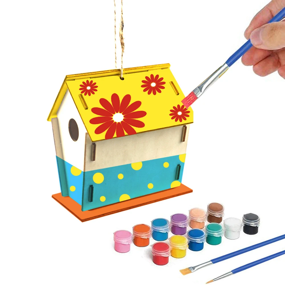 

Wooden Arts Home Hanging For Kids Garden Paint Birdhouse Girls Boys DIY Crafts Paints Brushes Pet Supplies Bird House Kit
