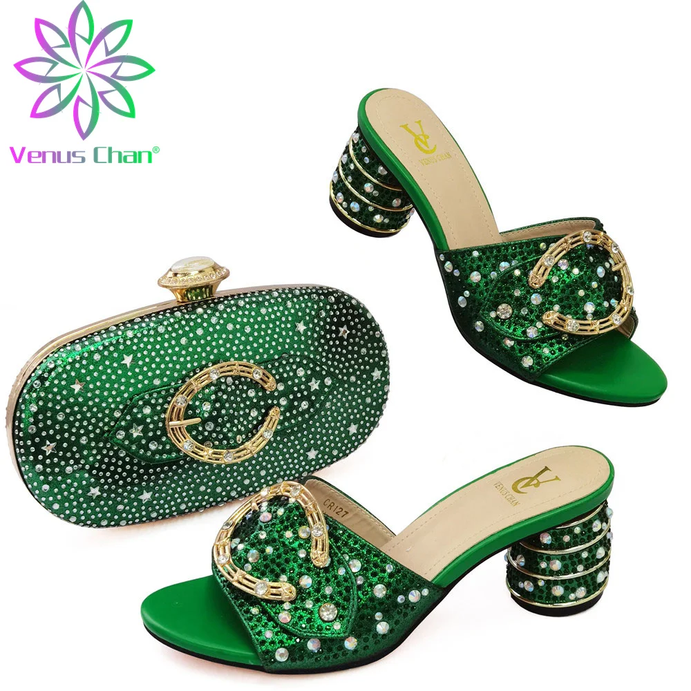 

Green Color New Design Elegant Style Nigerian Women Shoes and Bag Set Comfortable Heels Sandal with Shinning Crystal for Party