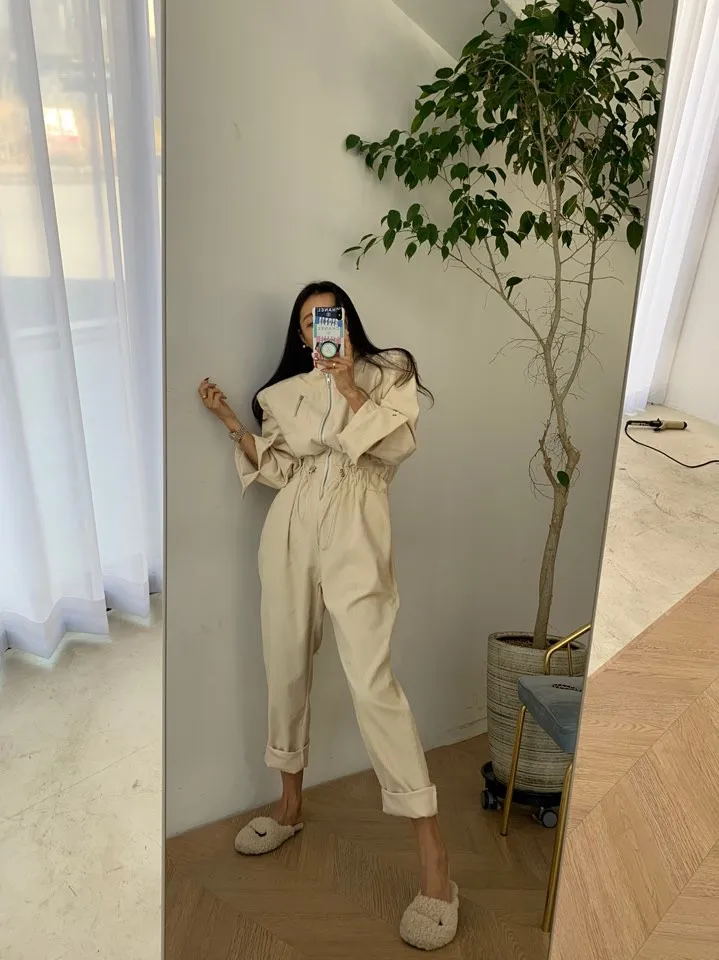 

South Korea Gate stand collar corduroy waistband one piece casual commuting show thin long sleeve fashion Jumpsuit