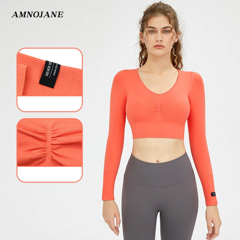 

Women's Long Sleeve Crop Top Fixed Padded Bra Sport Shirt Sexy V-neck Tight Tee Shirt Naked-feel Yoga Shirts Sports Jogging Top