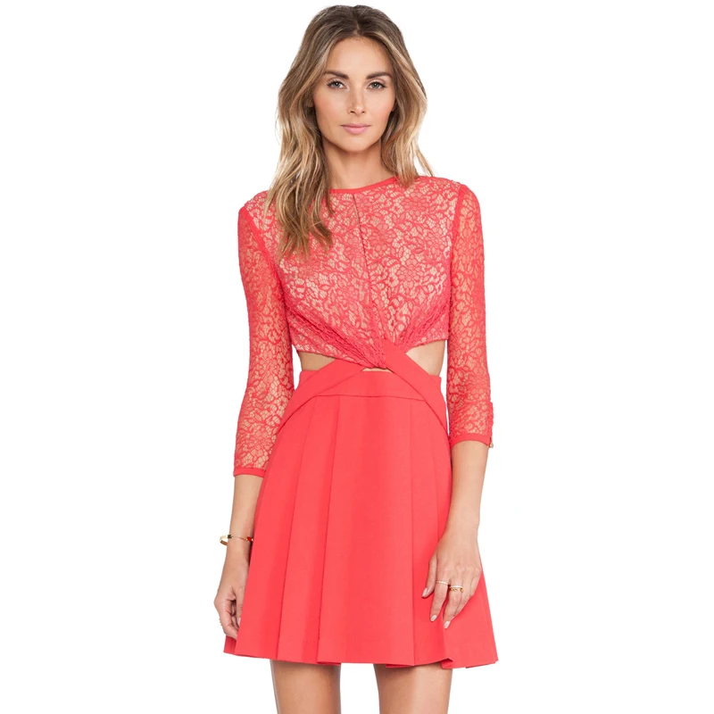 

Cross Stitching Cut Out Lace Skirt Sexy Slim Short Solid Color A-line Dress