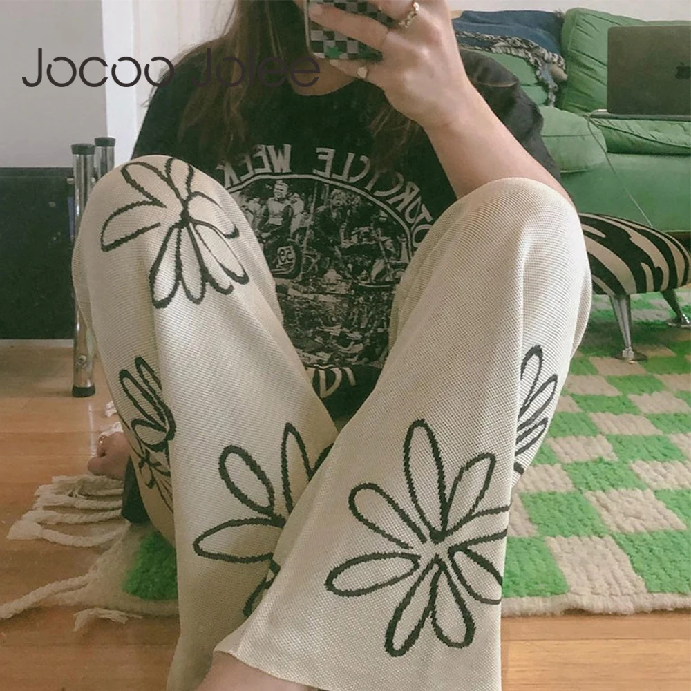 

Jocoo Jolee Vintage Floral Print Y2K Knitted Pants Women Aesthetic 2000s Straight Trousers Korean 90s Retro Pants Streetwear