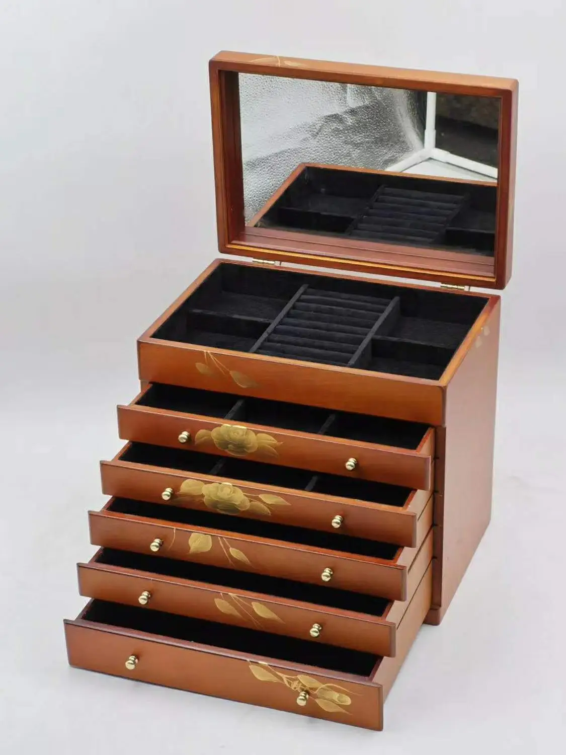 Large Multi-Layer ROSE Wooden Jewelry Box Luxury Display Tray Holder Casket Earrings Ring Mirror Organizers | Украшения и