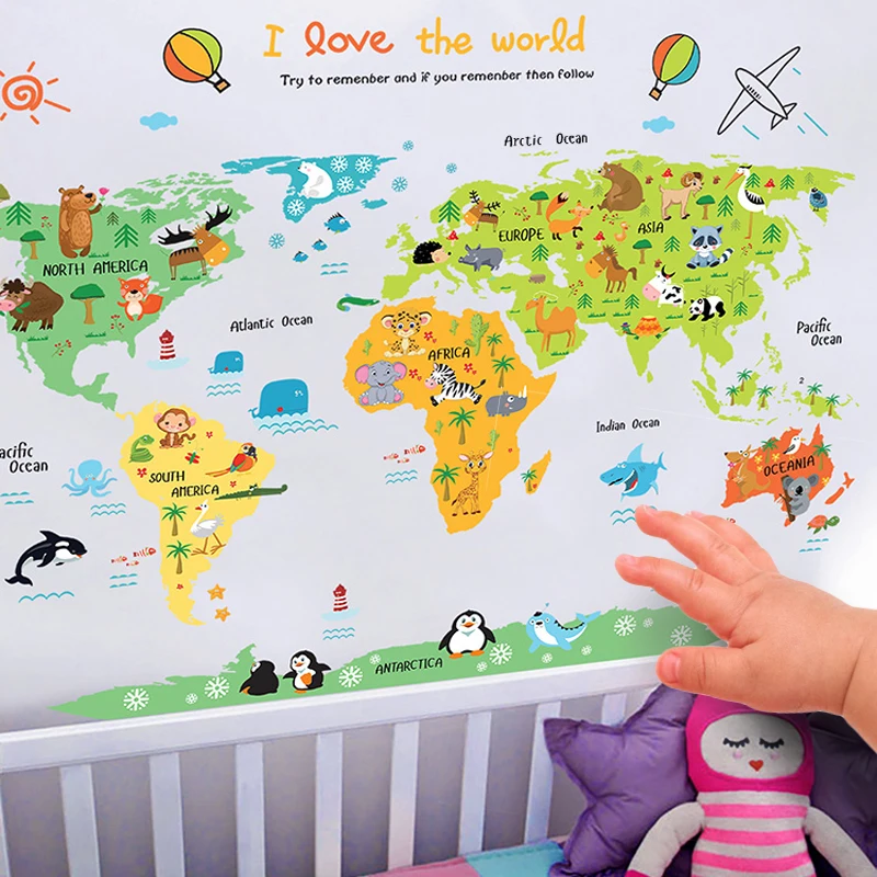 Мультяшная карта мира ПВХ DIY самоклеющиеся виниловые наклейки на стену для