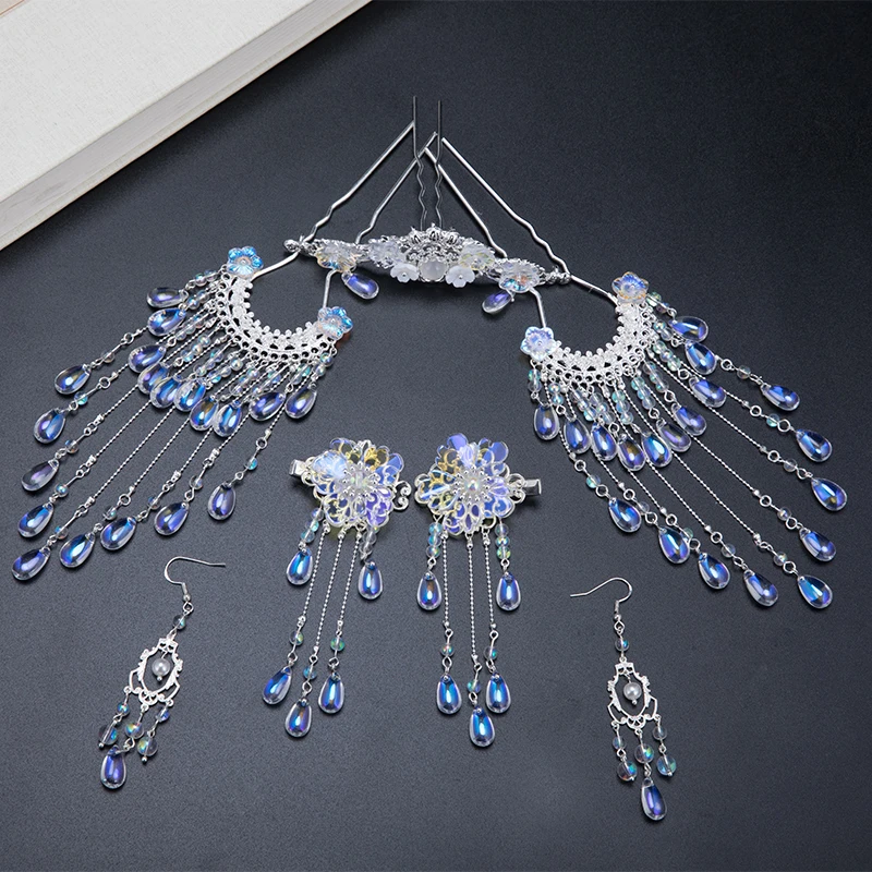 

Vintage Epiphyllum Kanzashi Hair Crown Ming Hair Accessories suit Ancient Hanfu headdress Hairpin Bead Chain Tassel Hair Stick