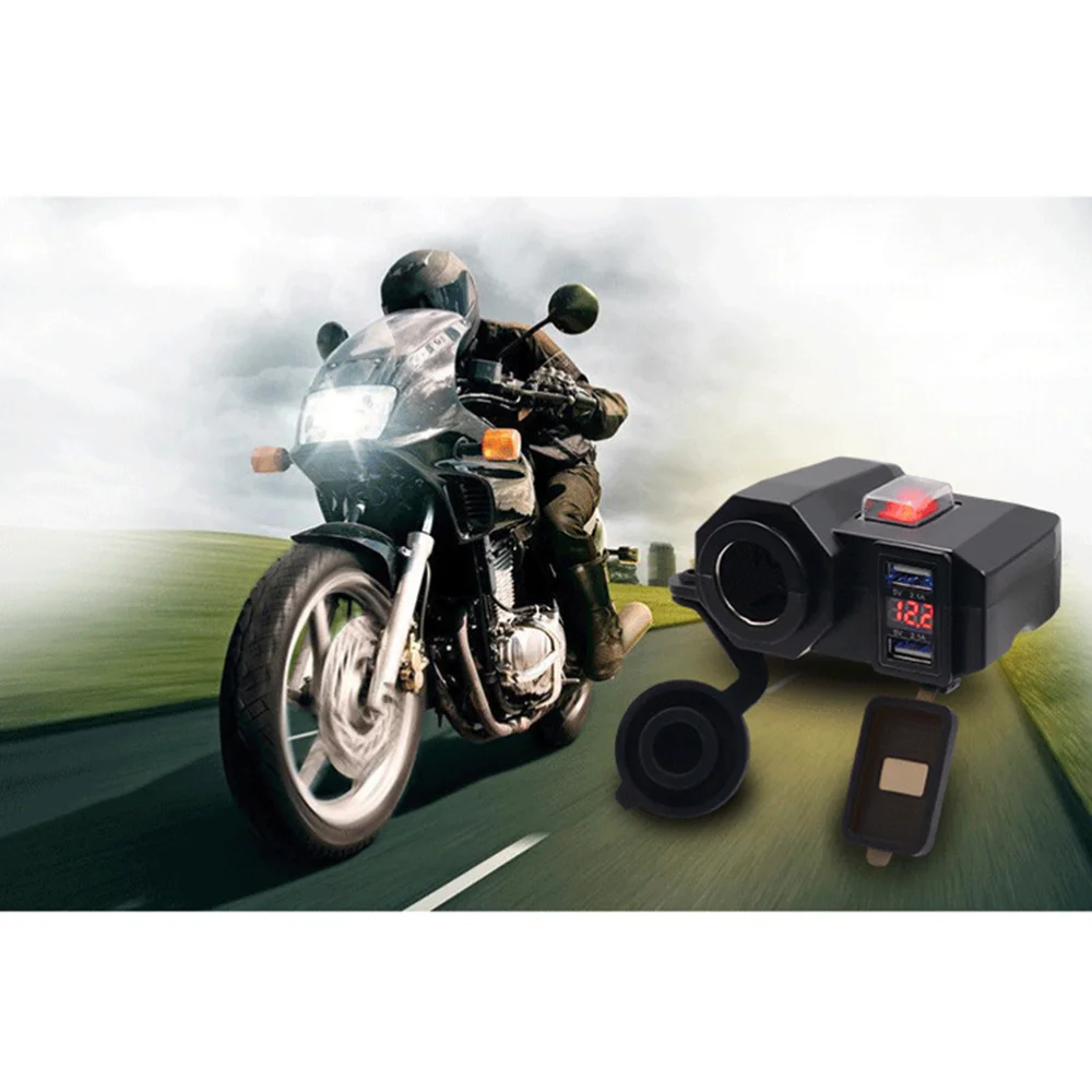 

USB Motorcycle Charger Waterproof Dual Ports Voltmeter Cigarette Lighter Power Socket Adaptor with Switch (Black)
