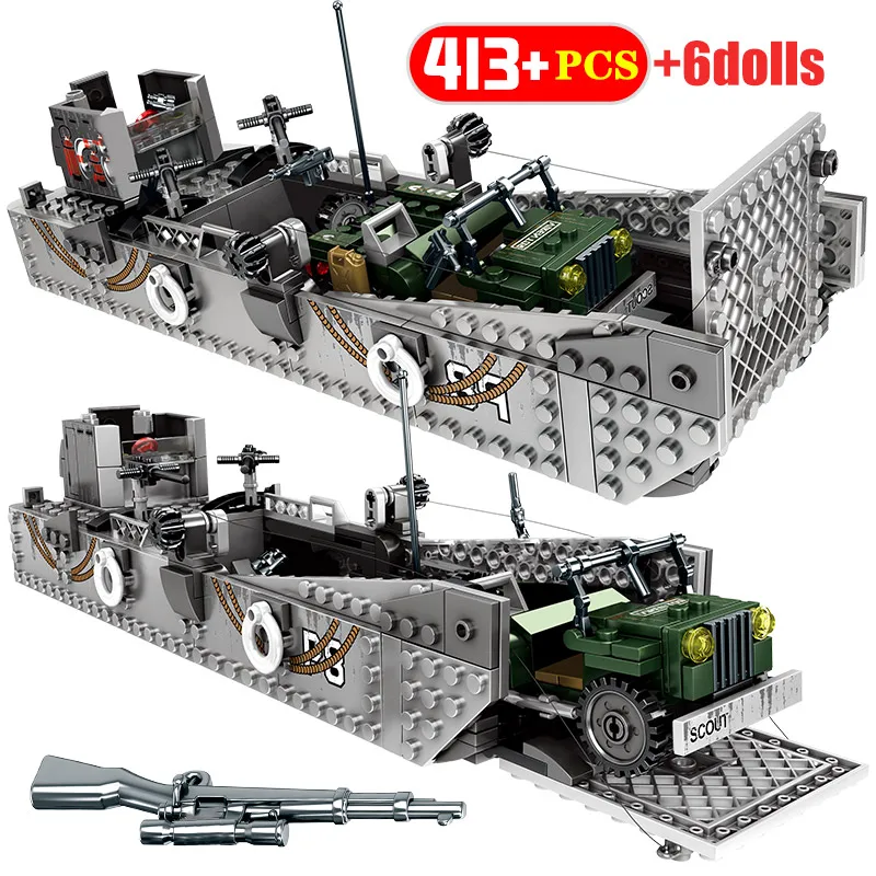 

WW2 Landing Ship Trailer Model Building Blocks Military Tank City Police Truck Soldier Figures weapon Bricks Toys for Boys