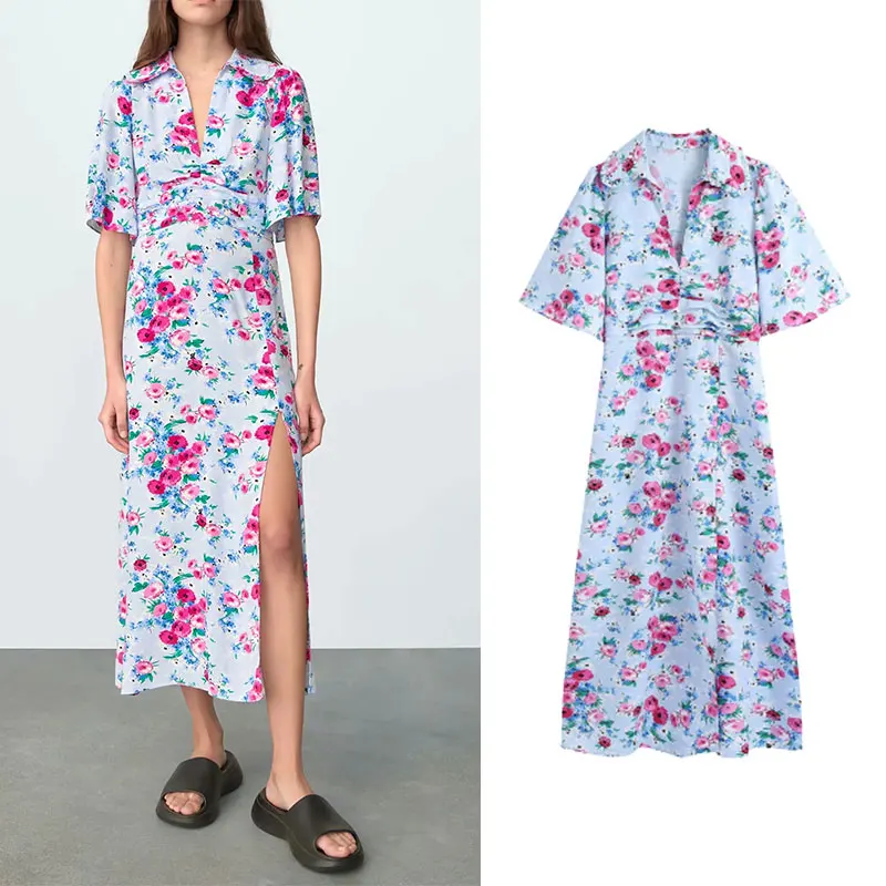 

Женское платье с цветочным принтом Za, повседневное винтажное платье средней длины с V-образным вырезом и разрезом на подоле, осень 2021