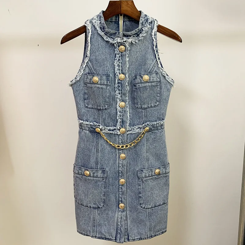 

2021 Summer New Dress Metal Lion Chain Loose Fringe Denim Sleeveless Vest Dress