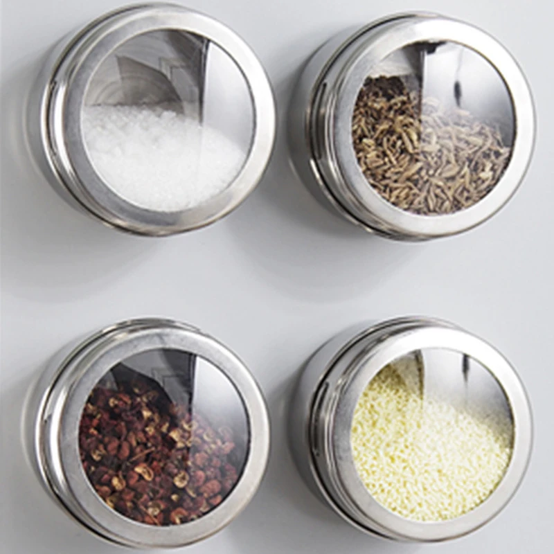 

Stainless Steel Wall-mounted Seasoning Tank Set with Stickers 70ml Magnetic Spice Jar Sealed Barbecue Storage Box Powder Box