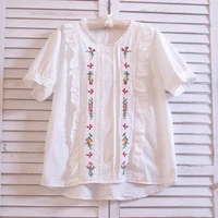 tiyihailey free shipping 2021 summer new cotton tops for women short sleeve o neck tees white embroidery japan style loose lace