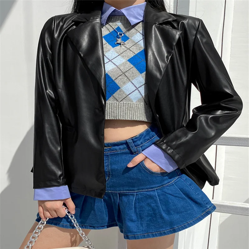 

Women's Black PU Leather Blazer Casual Clothing Long Sleeve Button Jacket Coats Date Party Photograph Fashion Coat Spring Fall