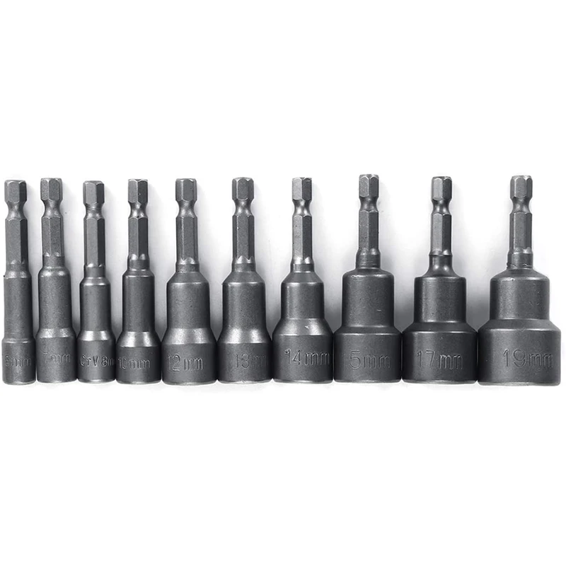 

10Pcs Nut Driver Set Socket Set Drill Bit Set Magnetic Metric 6-19Mm With 1/4 Inch Quick Change Hex Shank