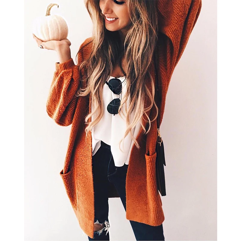 Женский кардиган с длинным рукавом оранжевый вязаный большого размера длинный