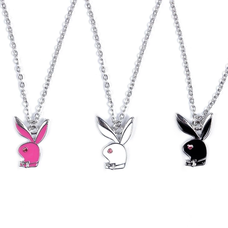 

Fashion Hard Enamel Baking Finish Zircon Cute Rabbit Necklace Pendant Black White Pink Stainless Steel Women Men Jewelry Gift