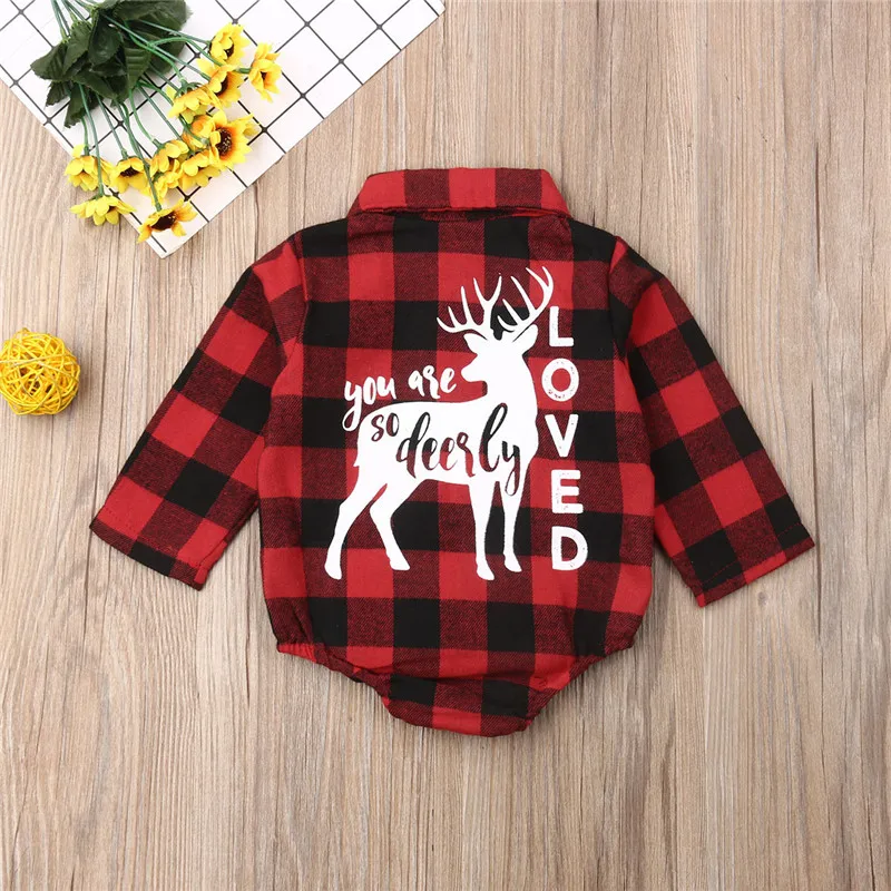 0-24M Christmas Baby Girls Clothes Long Sleeve Red Black Plaid Rompers Back Elk Print Boys Shirt Toddler Xmas Jumpsuits | Детская одежда