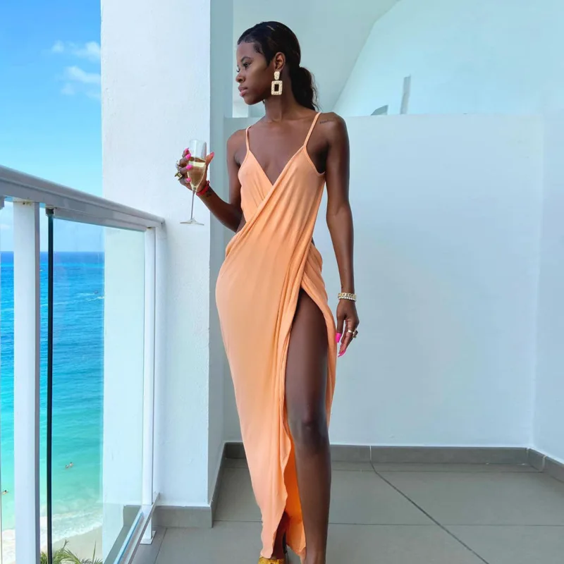 

Backless Long Dress Women Summer Beach Sleeveless Dresses Spaghetti Strap Orange Green Club Outfits Sexy Maxi Split Party Dress