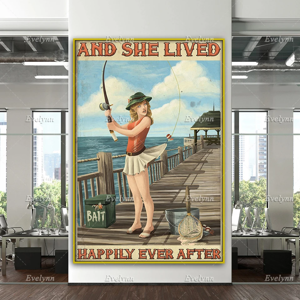 

Fishing Girl And She Lived Happily Ever After Poster Home Decor Canvas Wall Art Prints Living Room Decoration Unique Gift