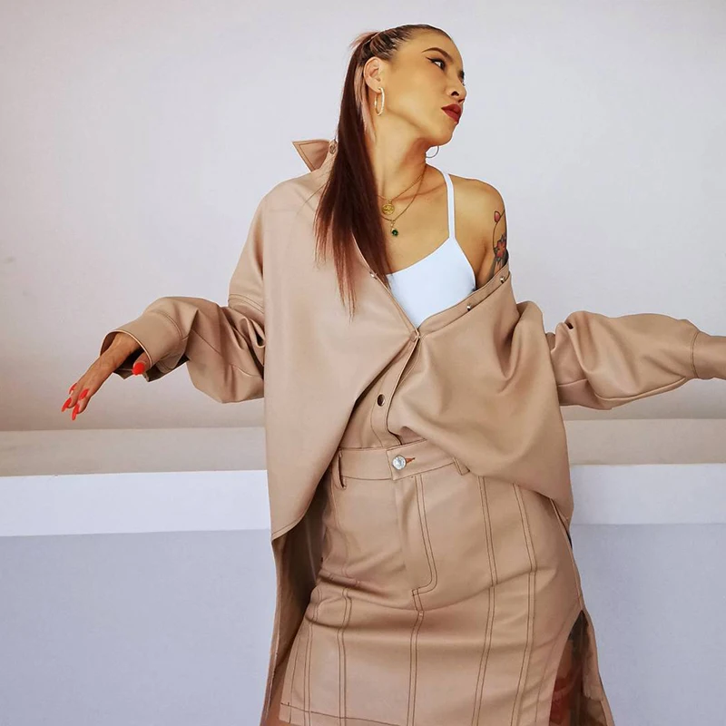 

SISPELL Asymmetrical Hem Women's PU Coat Lapel Collar Bat Long Sleeve Loose For Feamle Coats Fashion Streetwear Autumn 2020