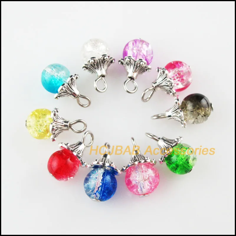 

20 New Horn Charms Mixed Round Glass Beads Pendants Tibetan Silver Tone Flower 9x16mm