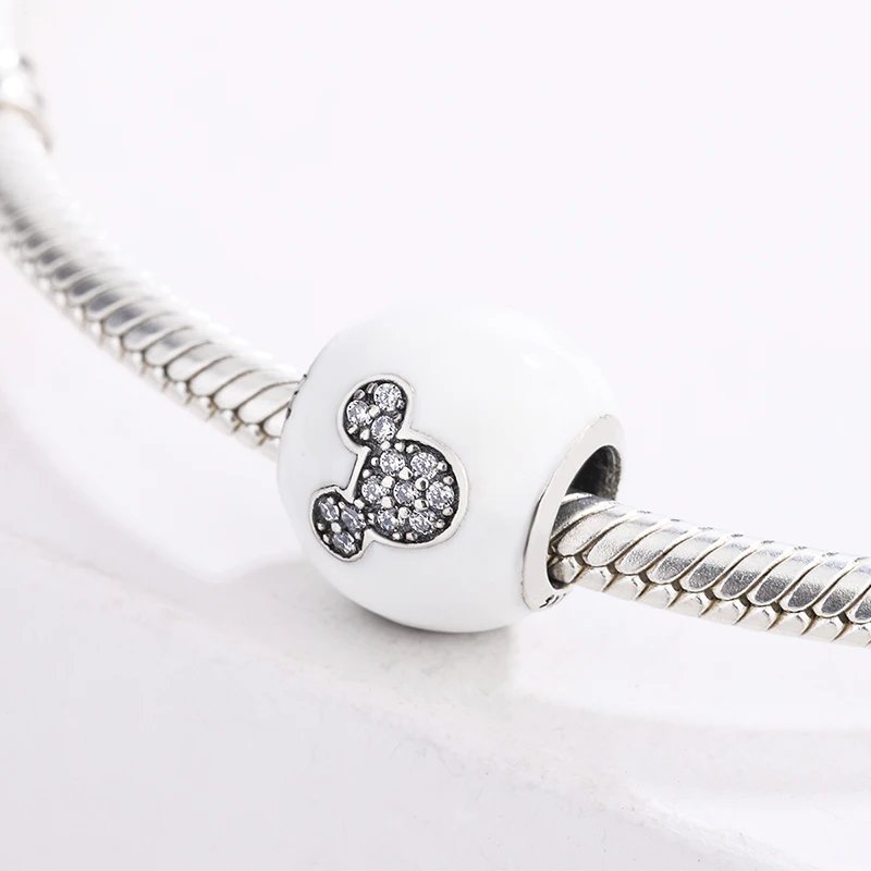 

925 Sterling Silver White Enamel Beaded Round Mickey Avatar Inlaid CZ Zircon Pendant Charm Bracelet Jewelry For Original Pandora