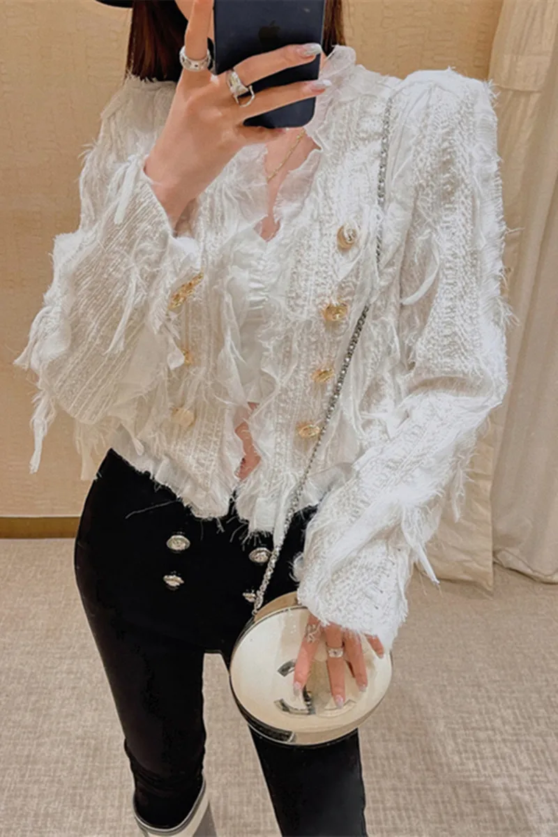 

Elegant Socialite Tassel Feather Jacket Coat 2021 Spring Autumn New Double Gold Button White Crop Top Women Clothing Trendy