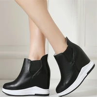 casual shoes women genuine leather high heel ankle boots female high top round toe fashion sneakers wedges platform pumps shoes