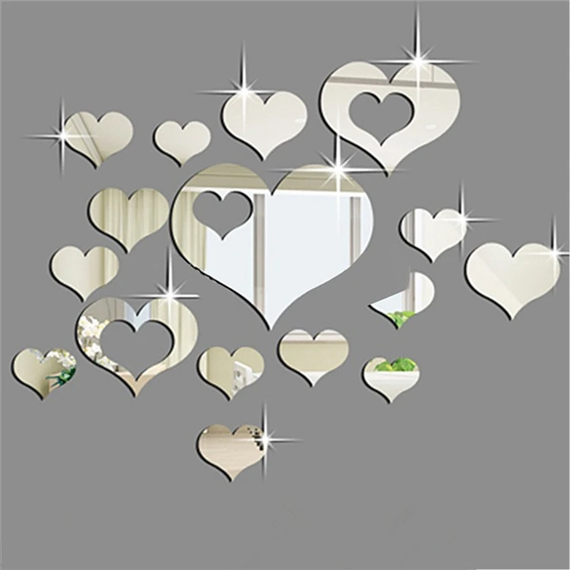 

Fashion 16PCS Silver Mirror Hearts Decoration DIY Plastic 3D Wall Stickers