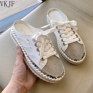 2021Women's Close Toe Slippers Rhinestone Decor Breathable Comfy All Match Lacing Up Casual Slippers