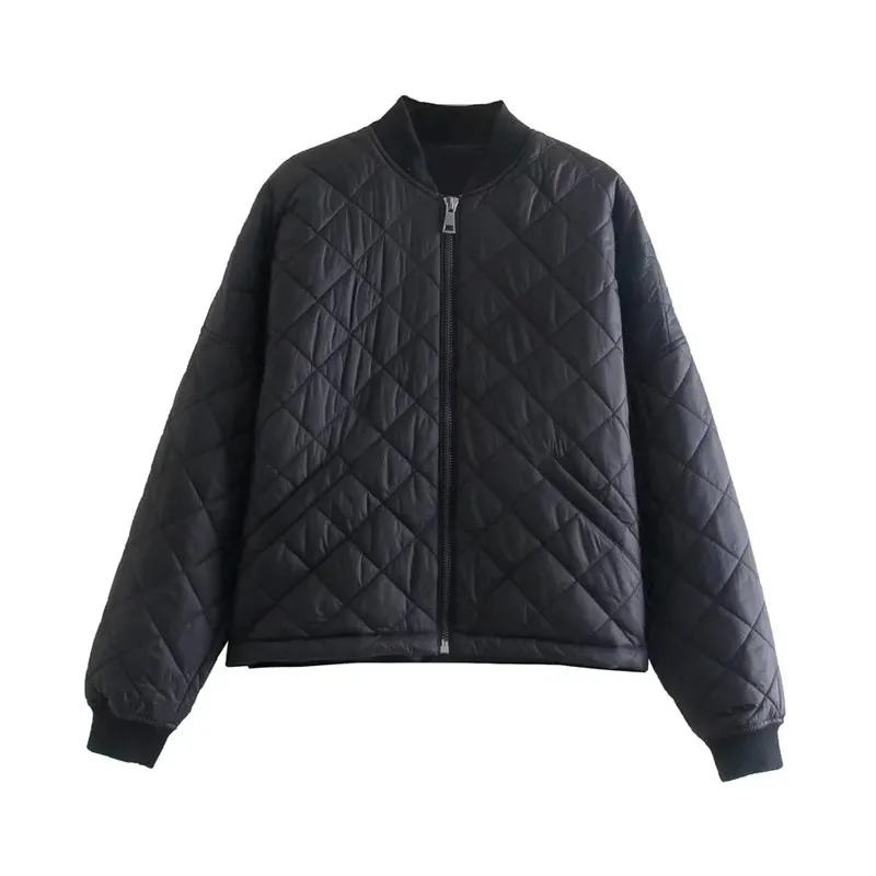

TRAF Za Black Bomber Jacket Women Padded Quilted Coats Woman Winter 2021 Long Sleeve Cropped Jacket Oversize Zipper Jacket