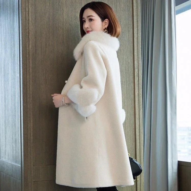 2021 Autumn And Winter Leisure Sheep Shearing Coat Women's Medium And Long Imitation Fox Fur Collar Loose Granular Fur Imitation