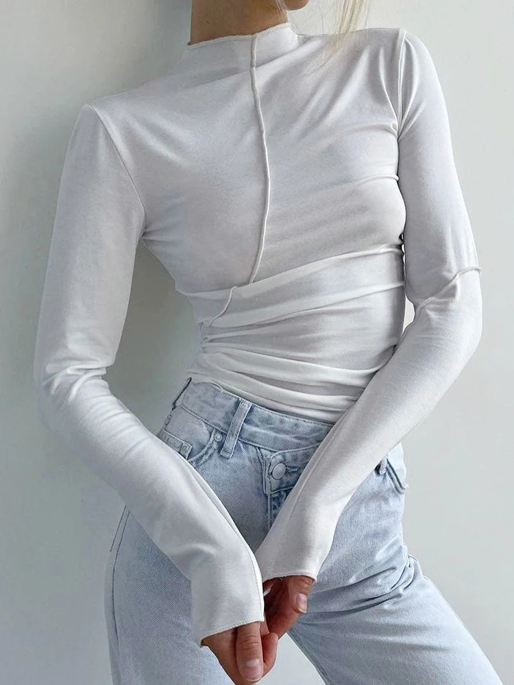 

Autumn Long Sleeve T-shirt Women Tops Bodycon Solid Basic Ribbed T shirt Casual Crop Top Tee Shirt Slim
