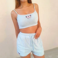 casual terry women tracksuit autumn and summer crop top and shorts set butterfly applique woman clothes drawstring loungewear